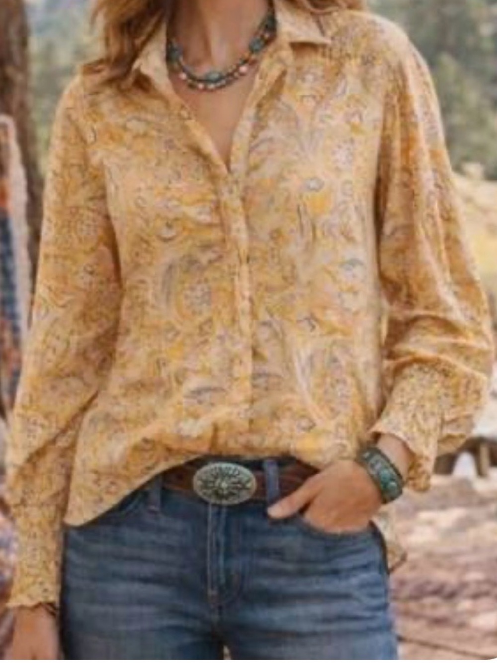 Women's Yellow poppy bloom Paisley Button-Up Shirt